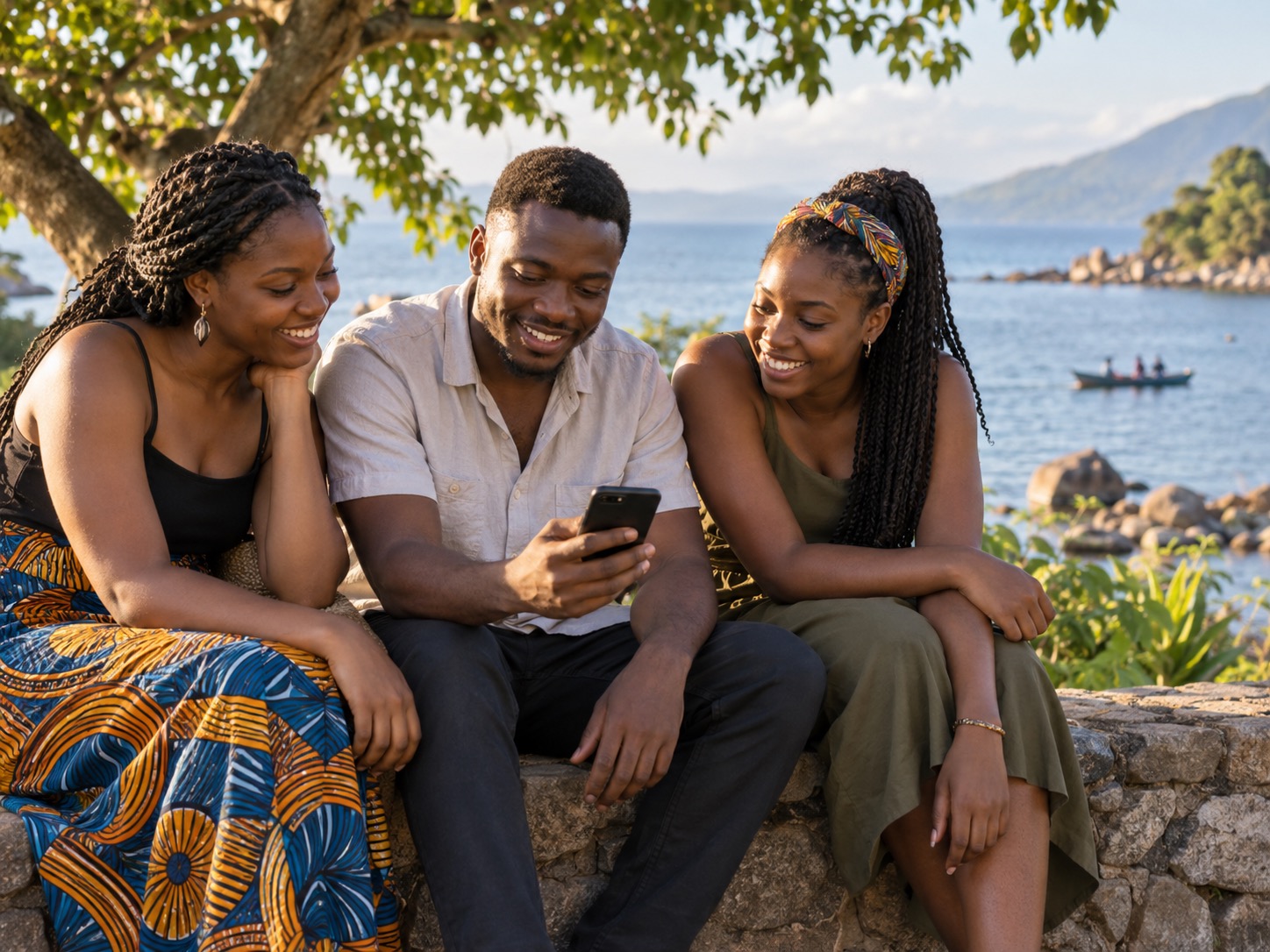Illustrative scene of Malawian young adults sharing a conversation by the lake