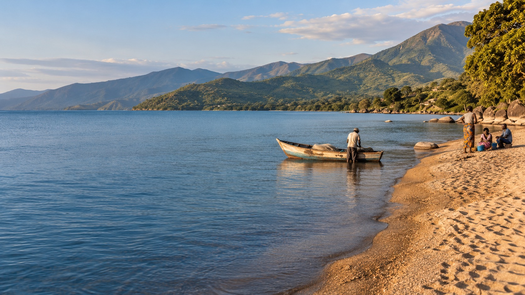 Illustrative Lake Malawi-inspired shoreline with a wooden boat and people by the water
